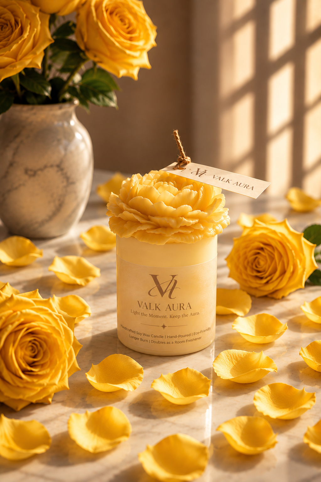 Valk Aura Yellow Rose Flower Candle – Luxury Floral Decorative Candle